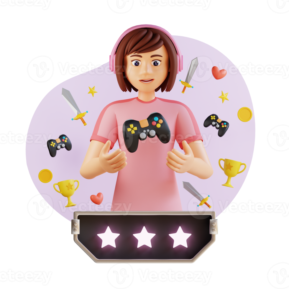 young girl playing video game 3d character illustration png