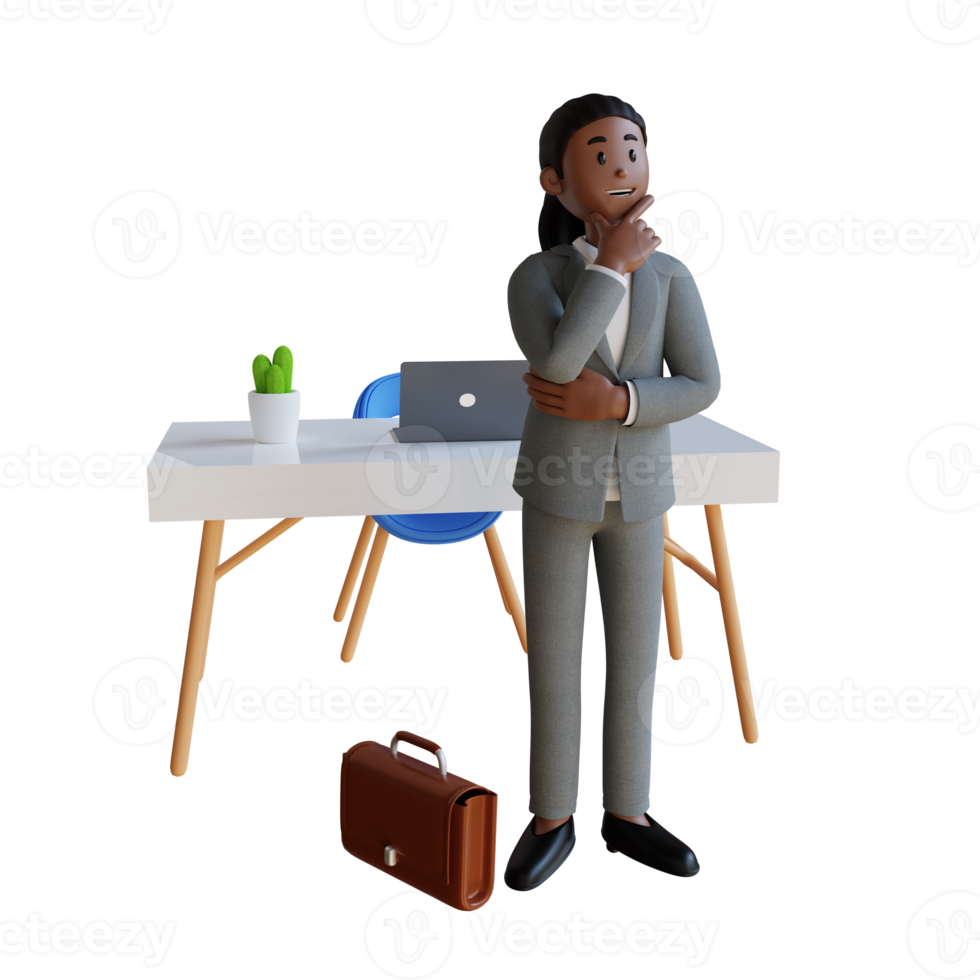 business woman standing while thinking 3d character illustration png