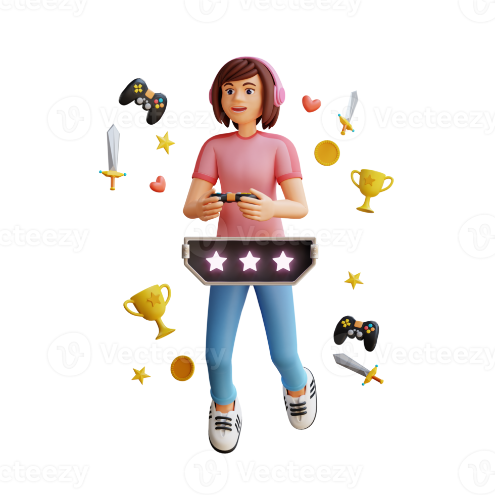 young girl play game joystick station free time competition 3d character illustration png