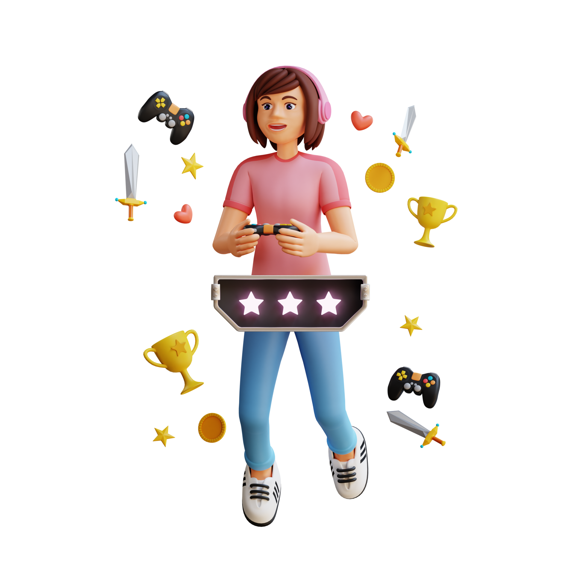 young girl play game joystick station free time competition 3d character  illustration 11382025 PNG