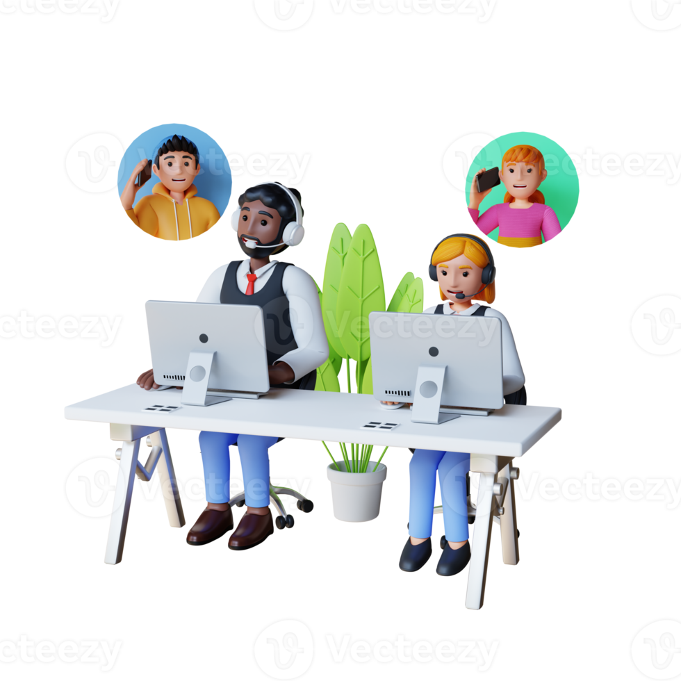 customer service agent with headsets talking with client 3d character illustration png