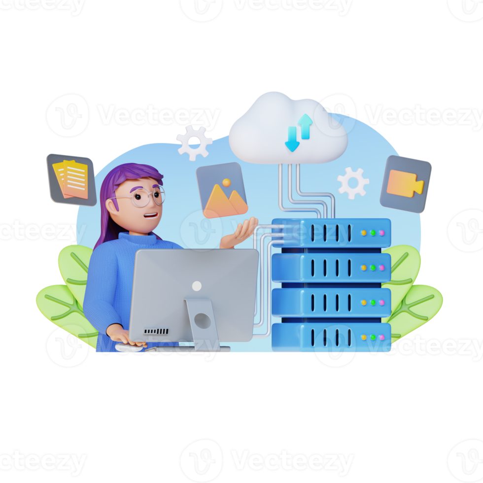 young girl uploads information to cloud storage and database, 3d character illustration png