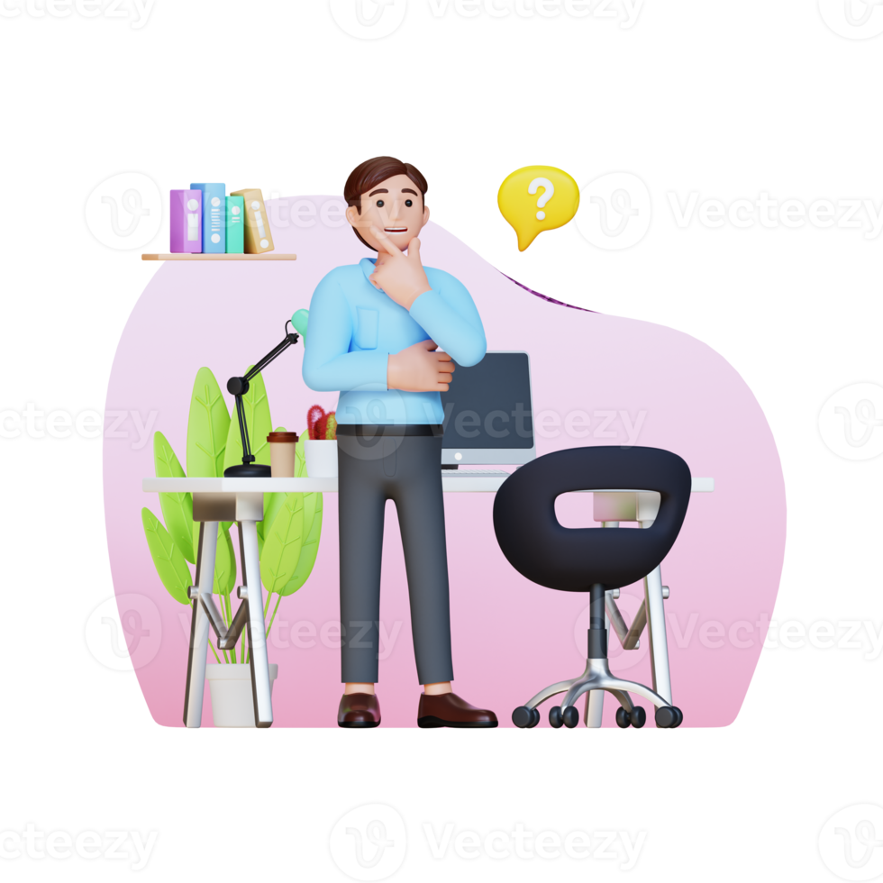 businessman thinking and holding hand on chin while standing, 3d character illustration png