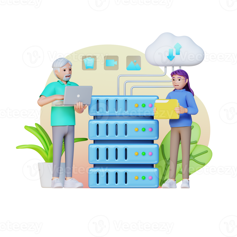 two people using digital device while standing near the server with big data, 3d character illustration png