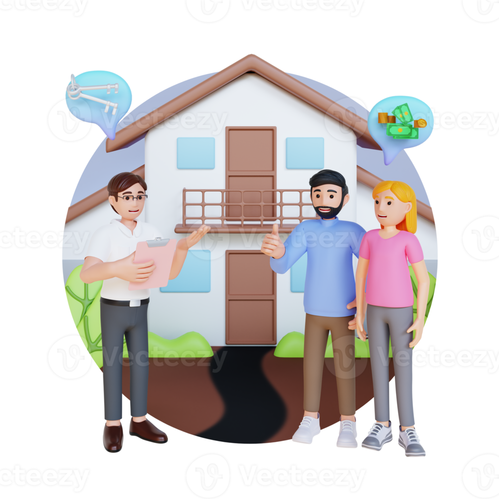 agente inmobiliario ofrece un nuevo hogar para una pareja joven, ilustración de personajes en 3d png