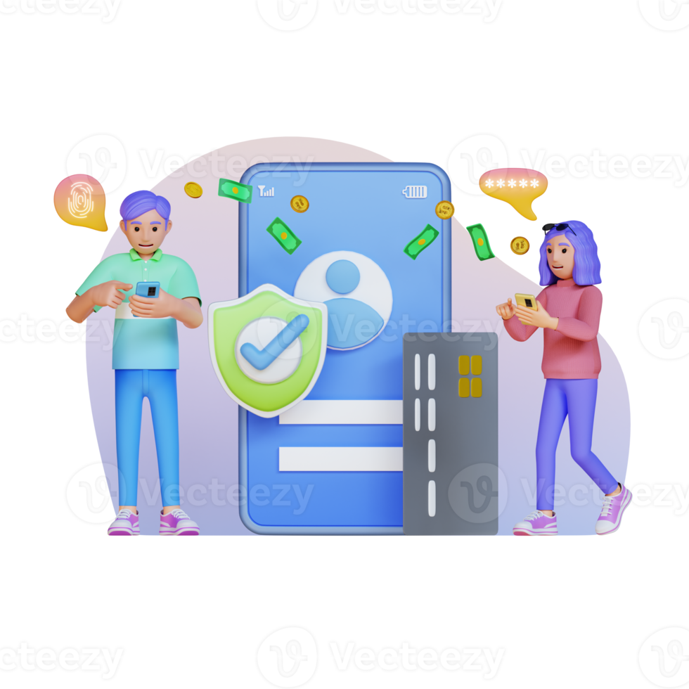 young people standing using phone with big cell phone screen and credit card, 3d character illustration png