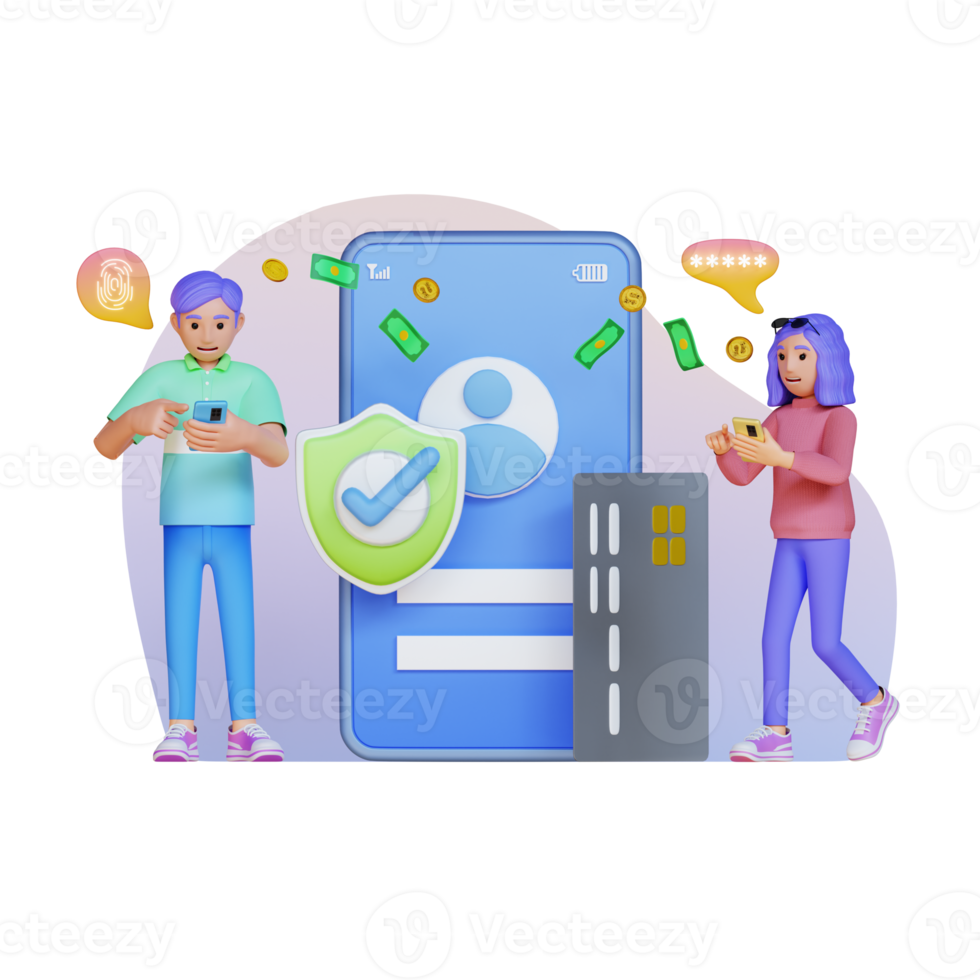 jóvenes de pie usando el teléfono con una gran pantalla de teléfono celular y tarjeta de crédito, ilustración de personajes en 3d png