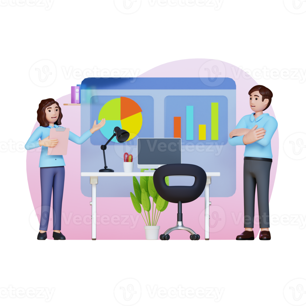 bedrijf vrouw met zakenman tonen diagram en tabel Aan projector scherm, 3d karakter illustratie png