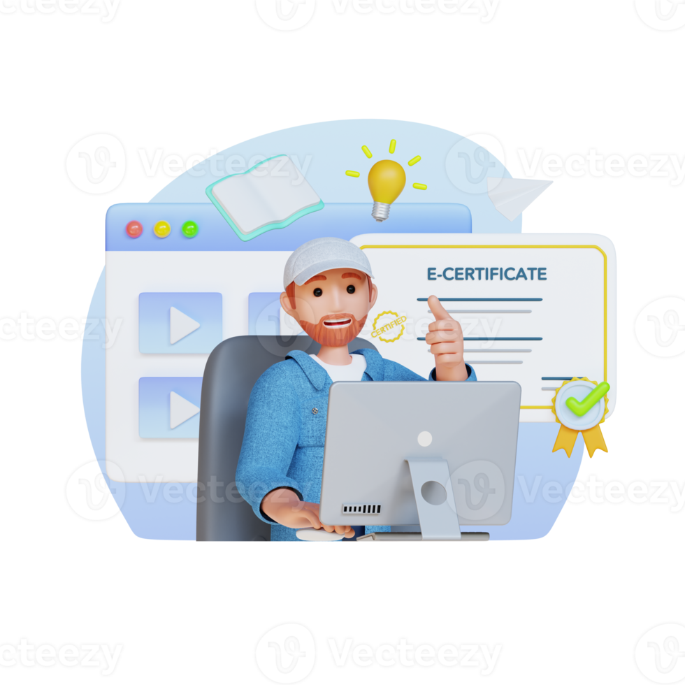 young man joins e-learning and gets e-certificate, 3d character illustration png