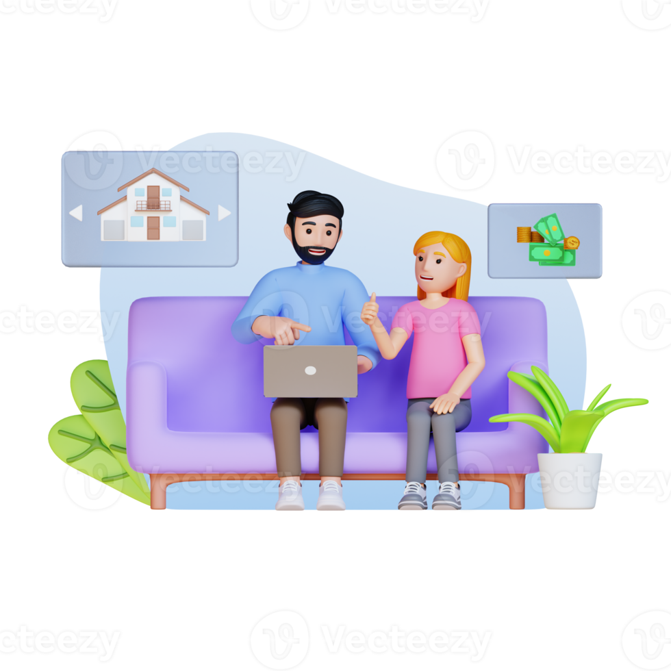 joven pareja familiar que elige un nuevo hogar en línea, busca bienes raíces para comprar o alquilar, ilustración de personajes en 3d png