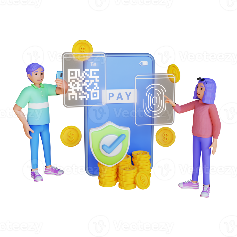 persone pagare utilizzando impronta digitale e scansione codice a barre su mobile app, 3d personaggio illustrazione png