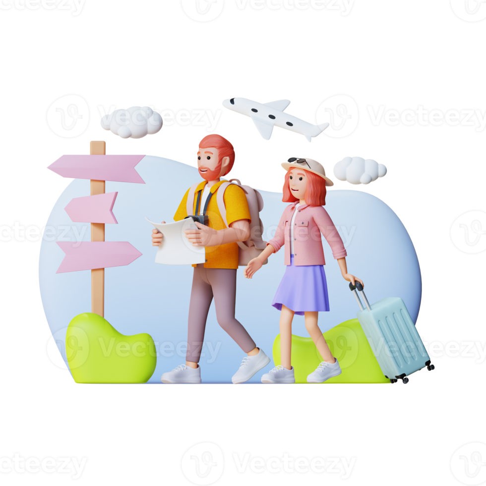 couple of tourist hold suitcase and paper map search route, 3d character illustration png