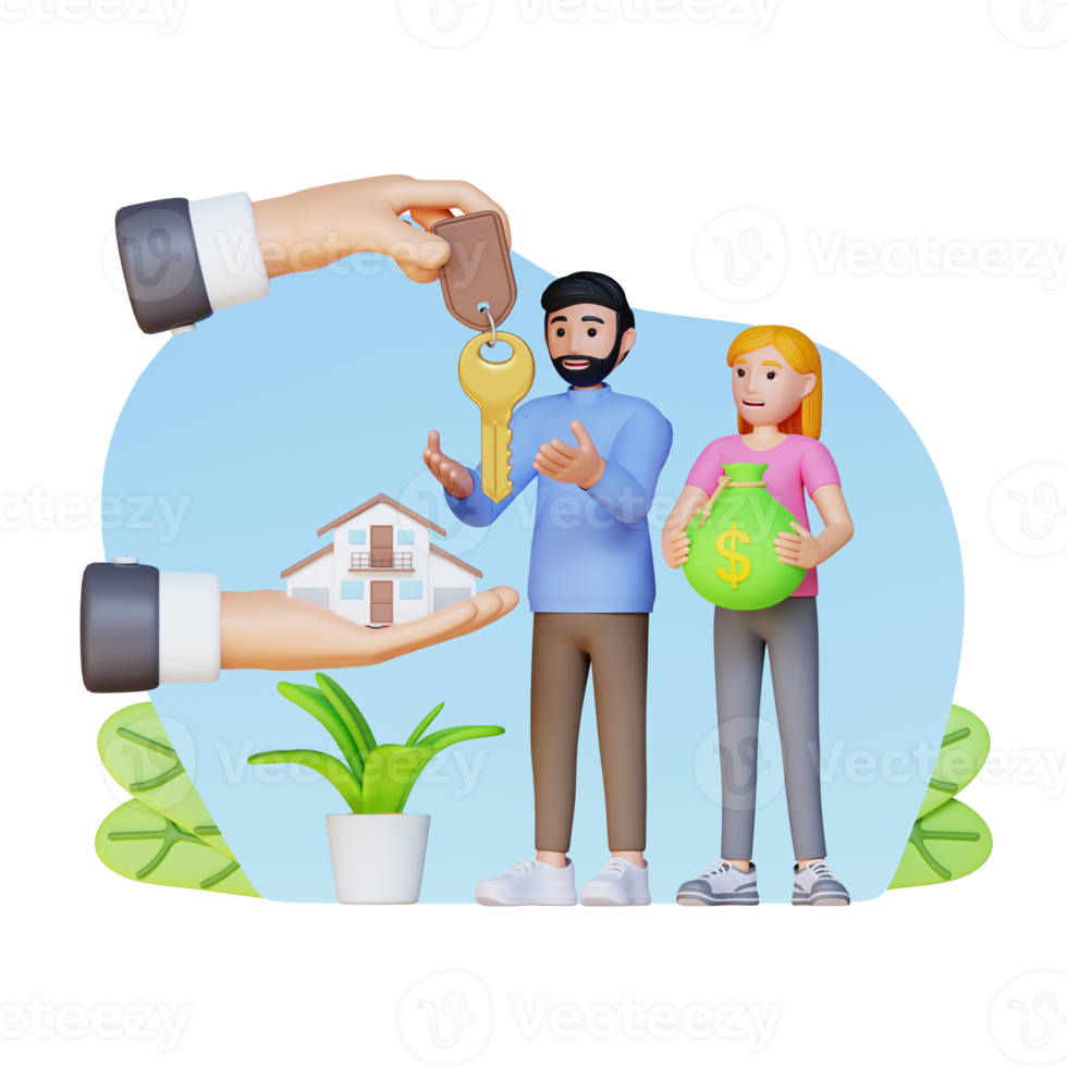 realtor hand giving key of new house to young couple, 3d character illustration png