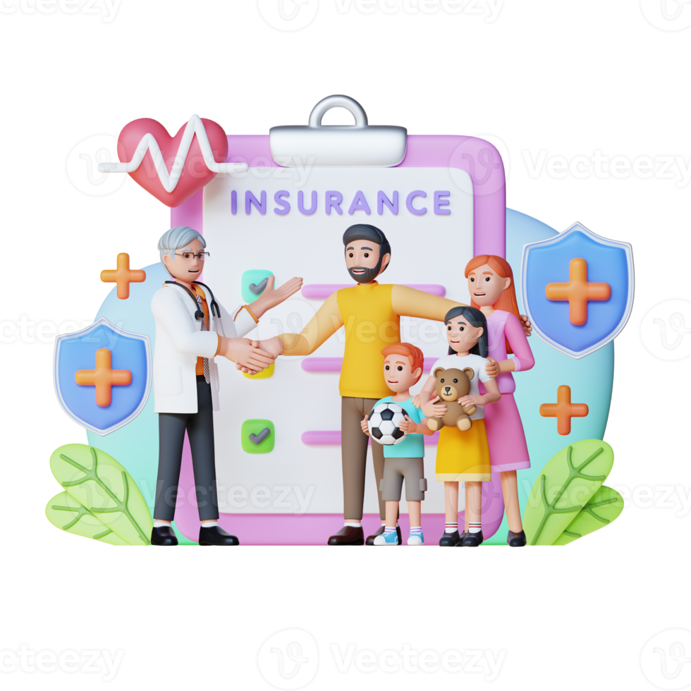 Medical health insurance with happy family and doctor , 3d character illustration png