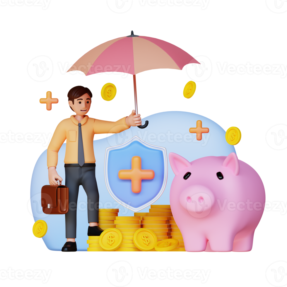 hombre de negocios que lleva un paraguas con una gran alcancía y un escudo de seguros, ilustración de personajes en 3d png