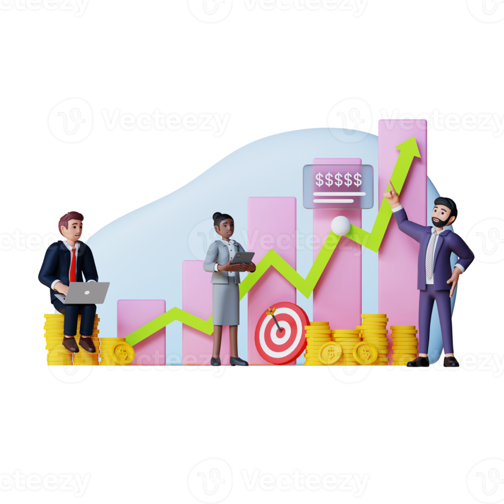 geschäftsleute mit unternehmenswachstumsdiagramm 3d-charakterillustration png