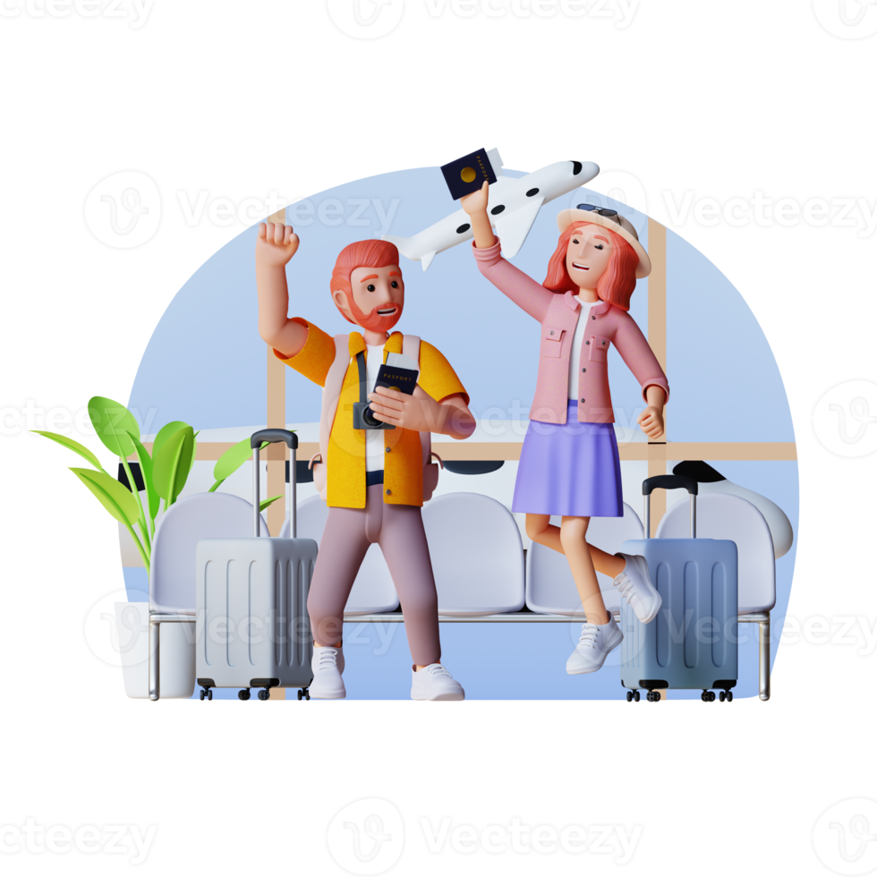 un couple de touristes est ravi d'aller voyager, illustration de personnage 3d png