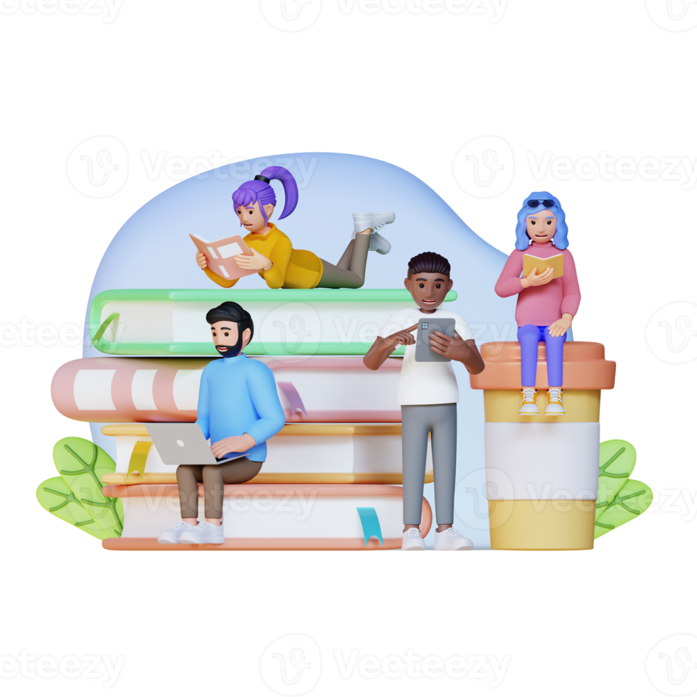 teenagers are sitting, reading on big pile of books using paper and digital books, tablet computers, 3d character illustration png