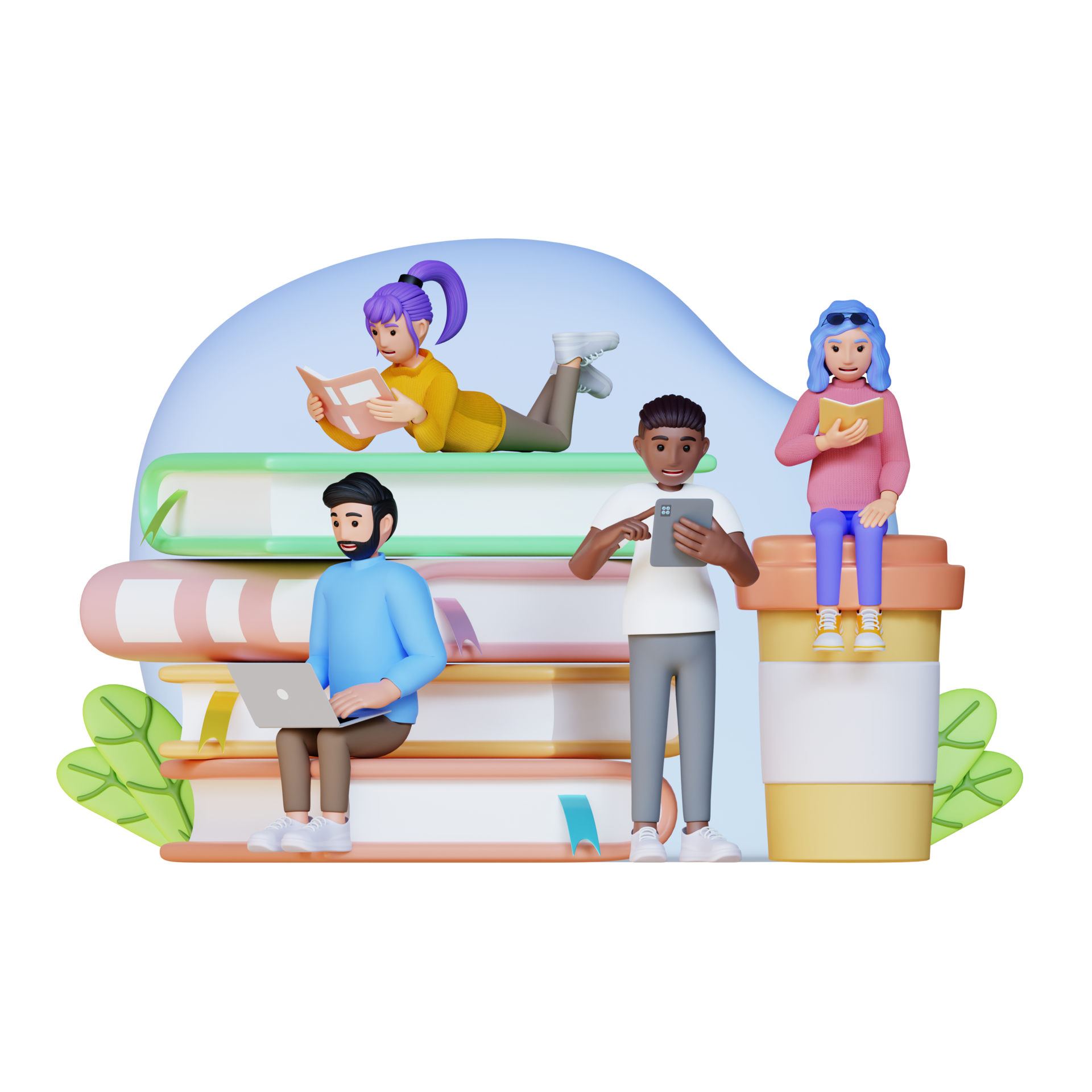 teenagers are sitting, reading on big pile of books using paper and