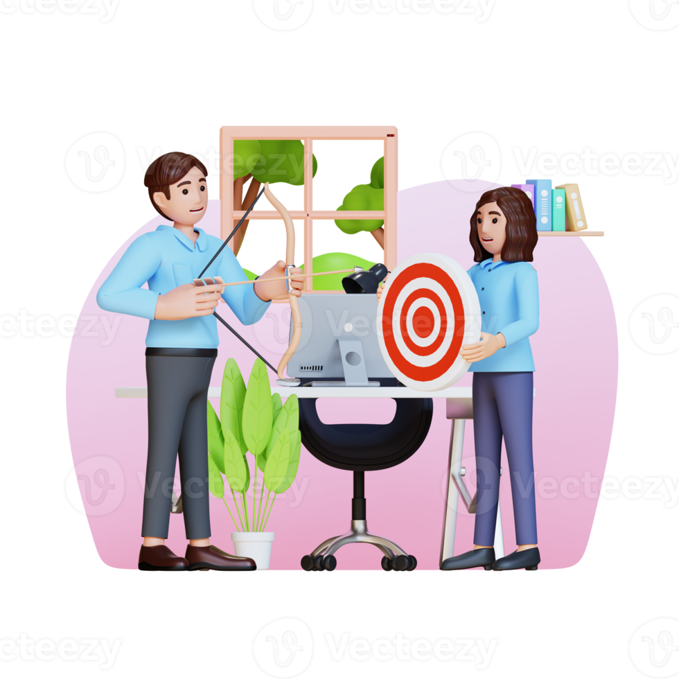Business woman holding target while other business man aims bow and arrow 3d character illustration png