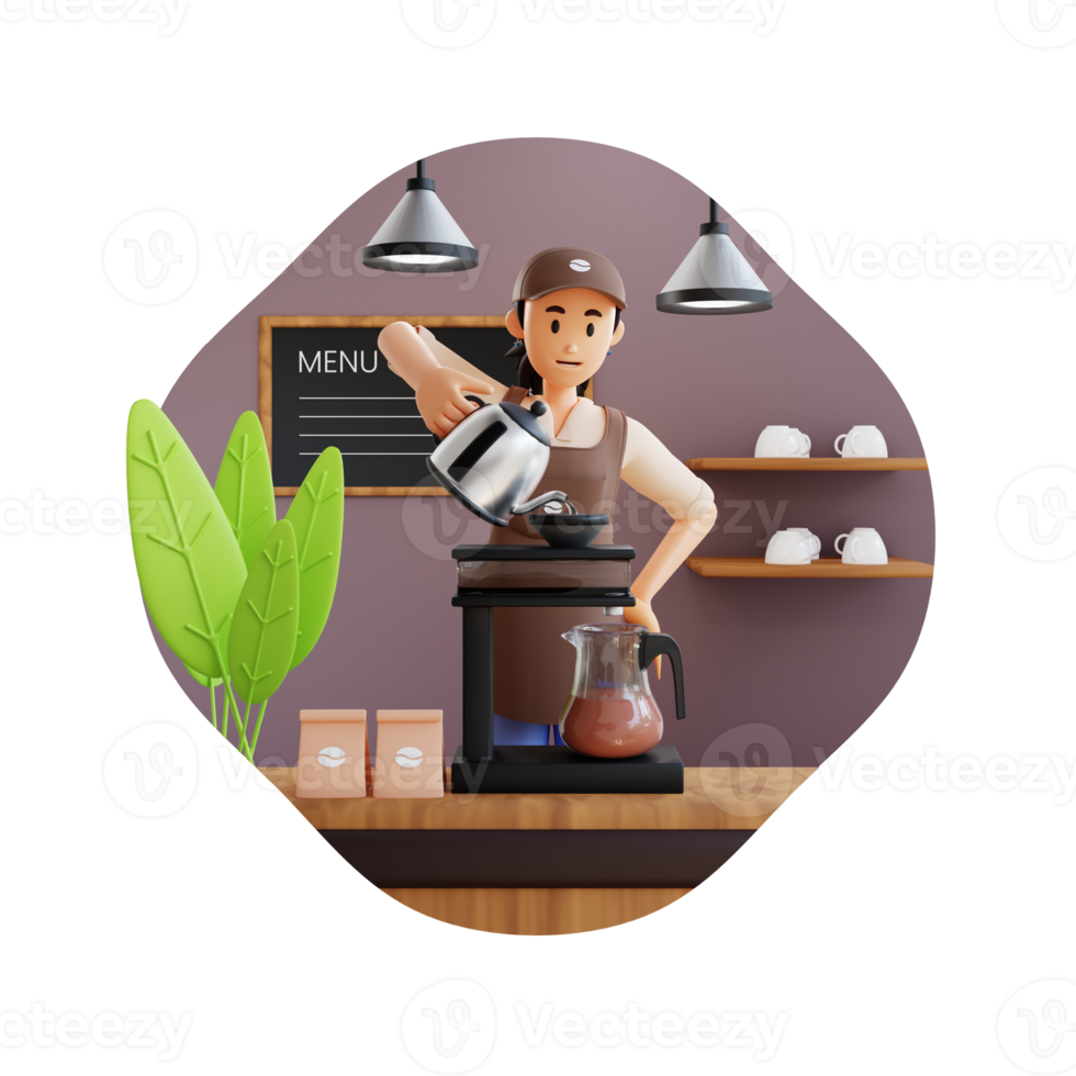 barista femenina preparando café usando chemex verter sobre cafetera y hervidor de goteo ilustración de personaje 3d png