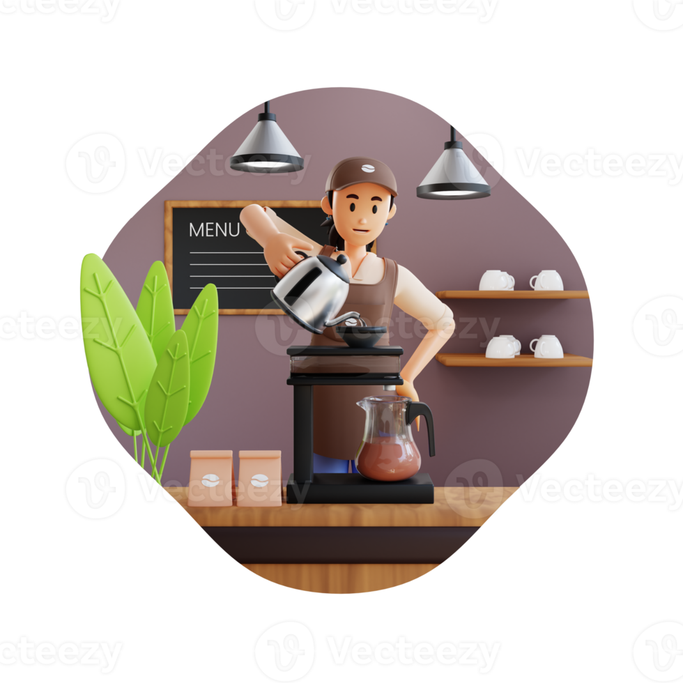 femme barista préparant du café à l'aide de chemex verser sur une cafetière et une bouilloire goutte à goutte illustration de personnage 3d png