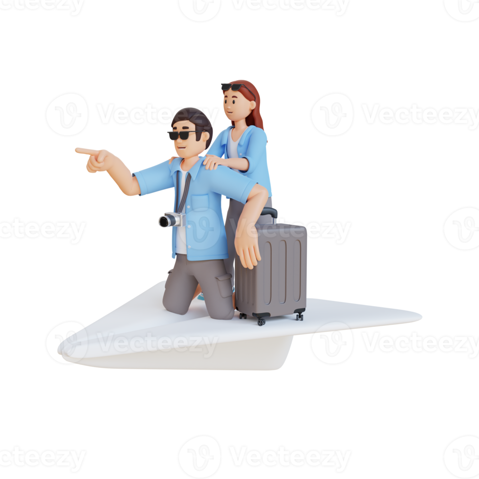 female and male tourists on a big paper plane with suitcase 3d character illustration png