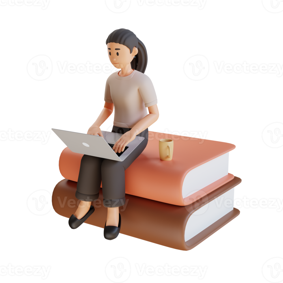 young girl using laptop while sitting on pile of big books 3d character illustration png