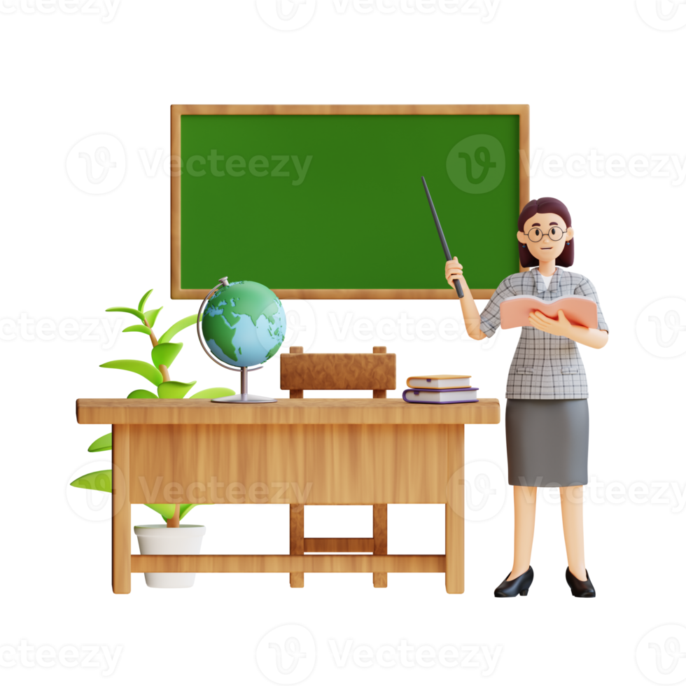 Lehrerin unterrichtet in einer Klasse mit einer 3D-Charakterillustration der Tafel png