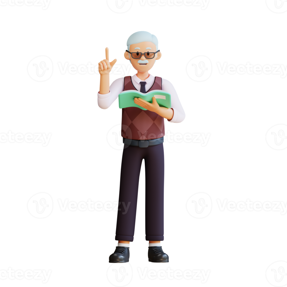 profesor senior leyendo material de un libro mientras está de pie ilustración de personajes 3d png