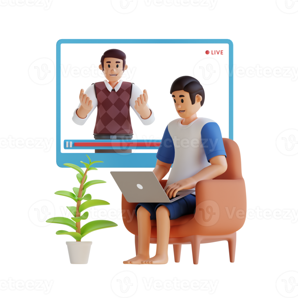 young man learning from his laptop in home 3d character illustration png