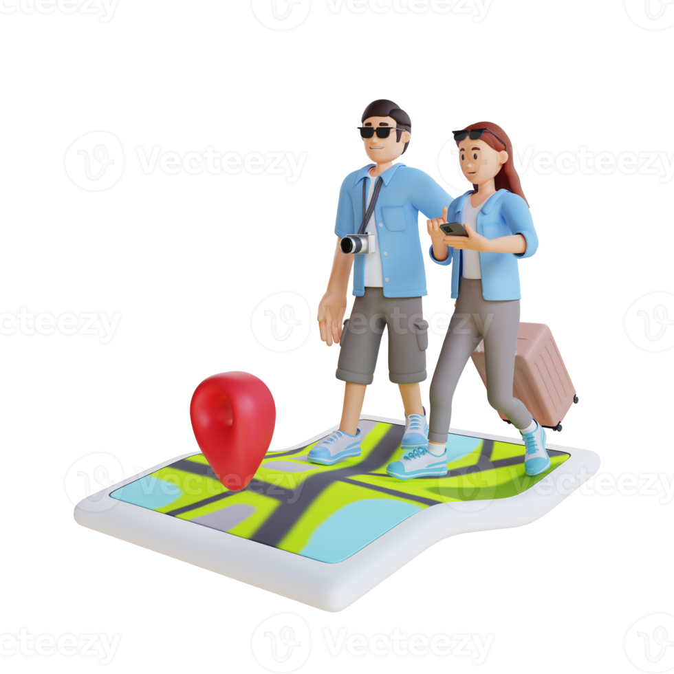 pareja de turistas caminando juntos con un gran mapa de navegación ilustración de personajes 3d png