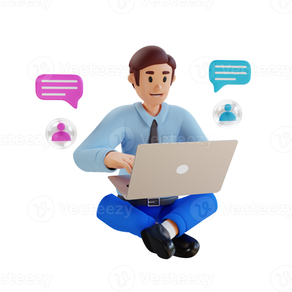 businessman doing online chat on laptop 3d character illustration png