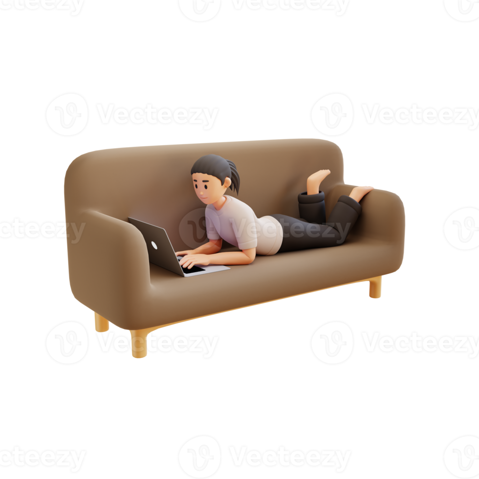 niña usando una computadora portátil mientras está acostada en el sofá ilustración de personaje 3d png