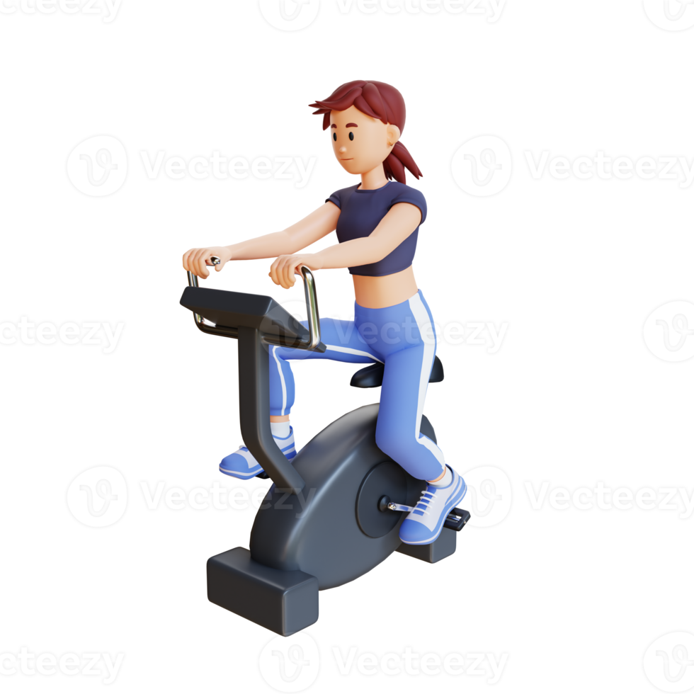 young girl doing physical cardio exercise on fitness bicycle 3d character illustration png