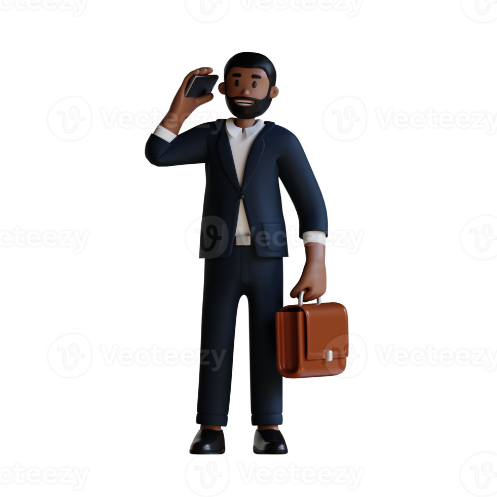 businessman with briefcase picks up phone 3d character illustration png