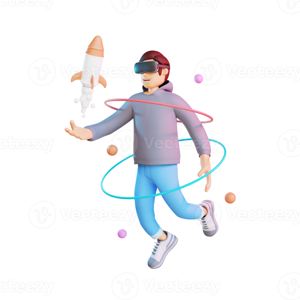 young man standing using virtual reality simulator 3d character illustration png