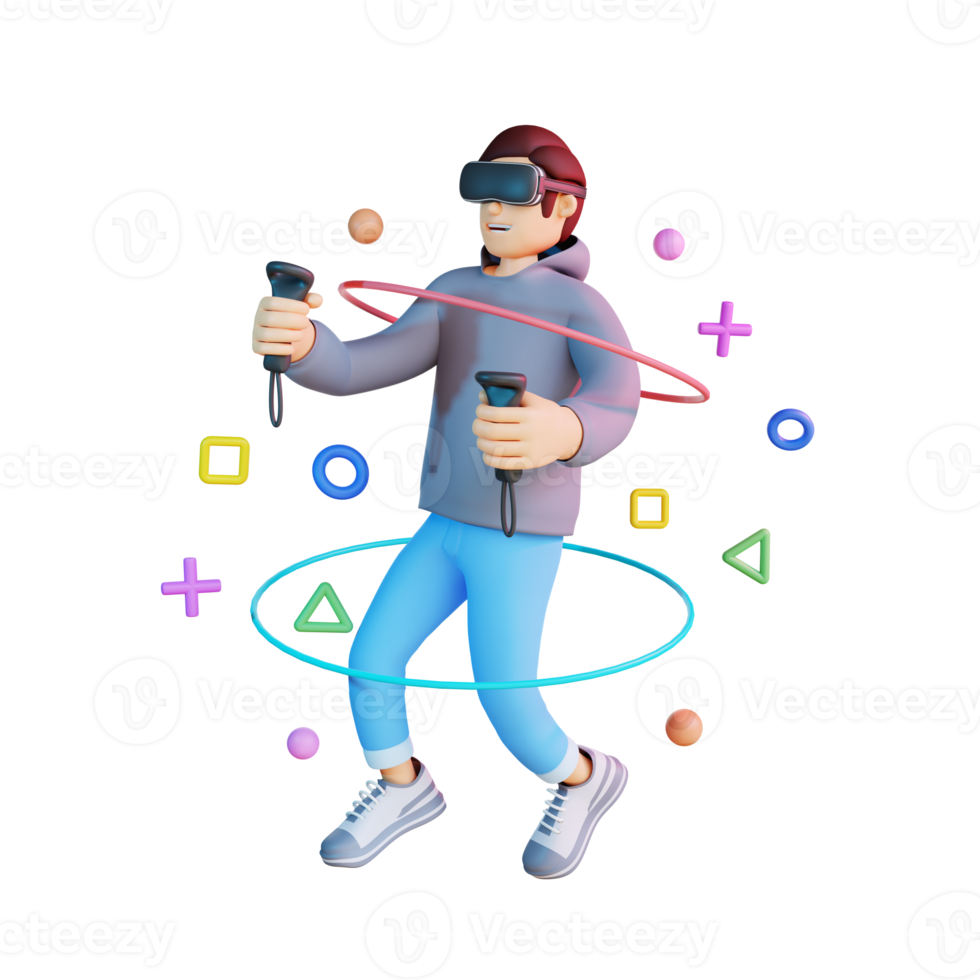 jeune homme jouant au jeu illustration de personnage 3d vr png