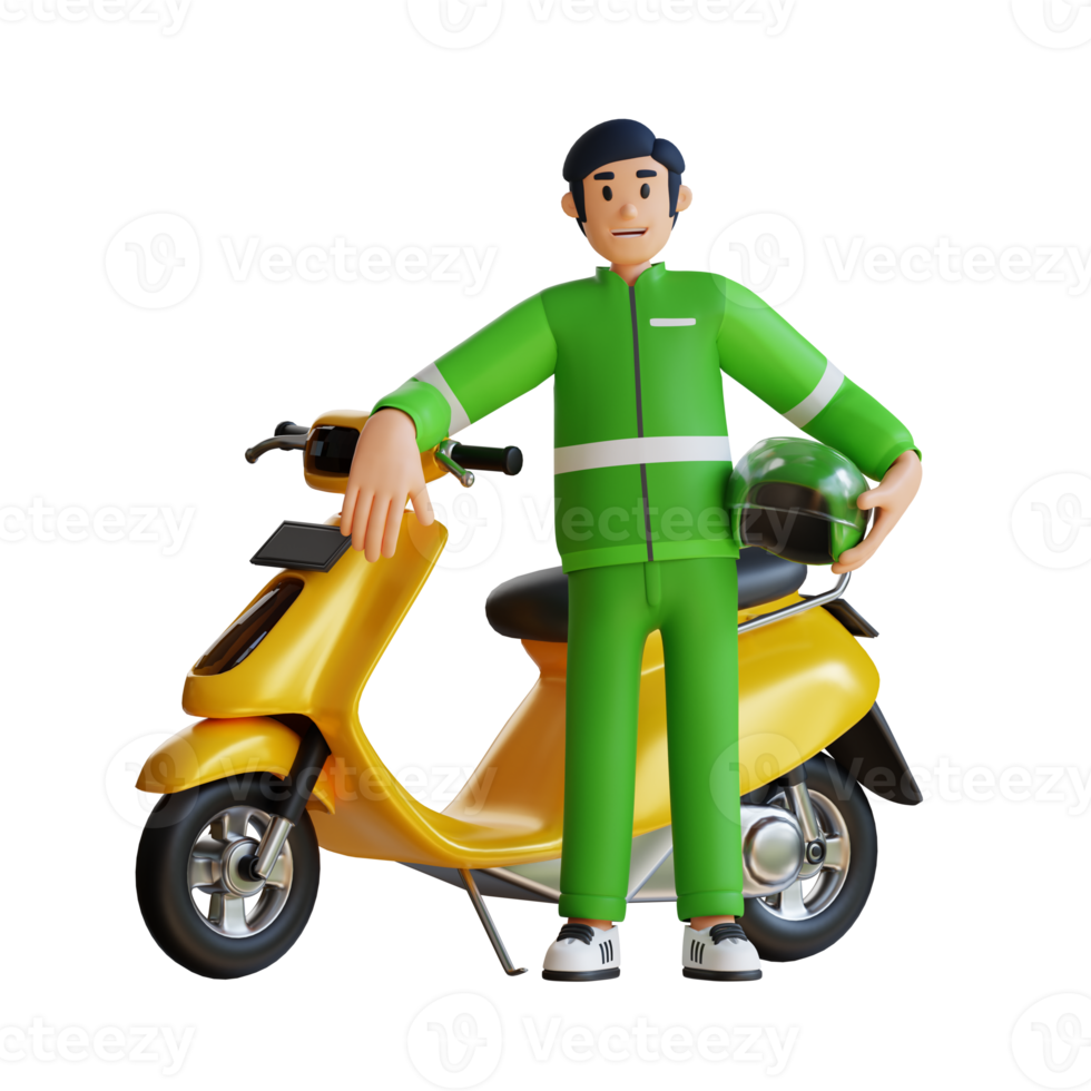 moto taxista sostenga casco ilustración de personaje 3d png