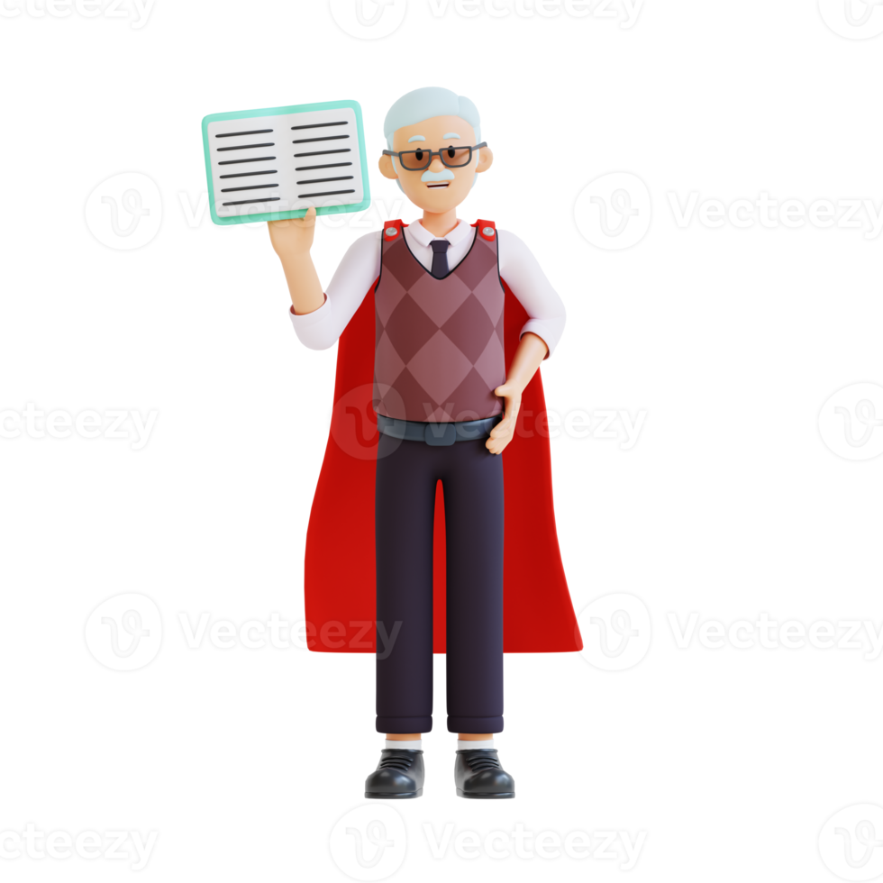 senior teacher wearing robe standing while holding book 3d character illustration png