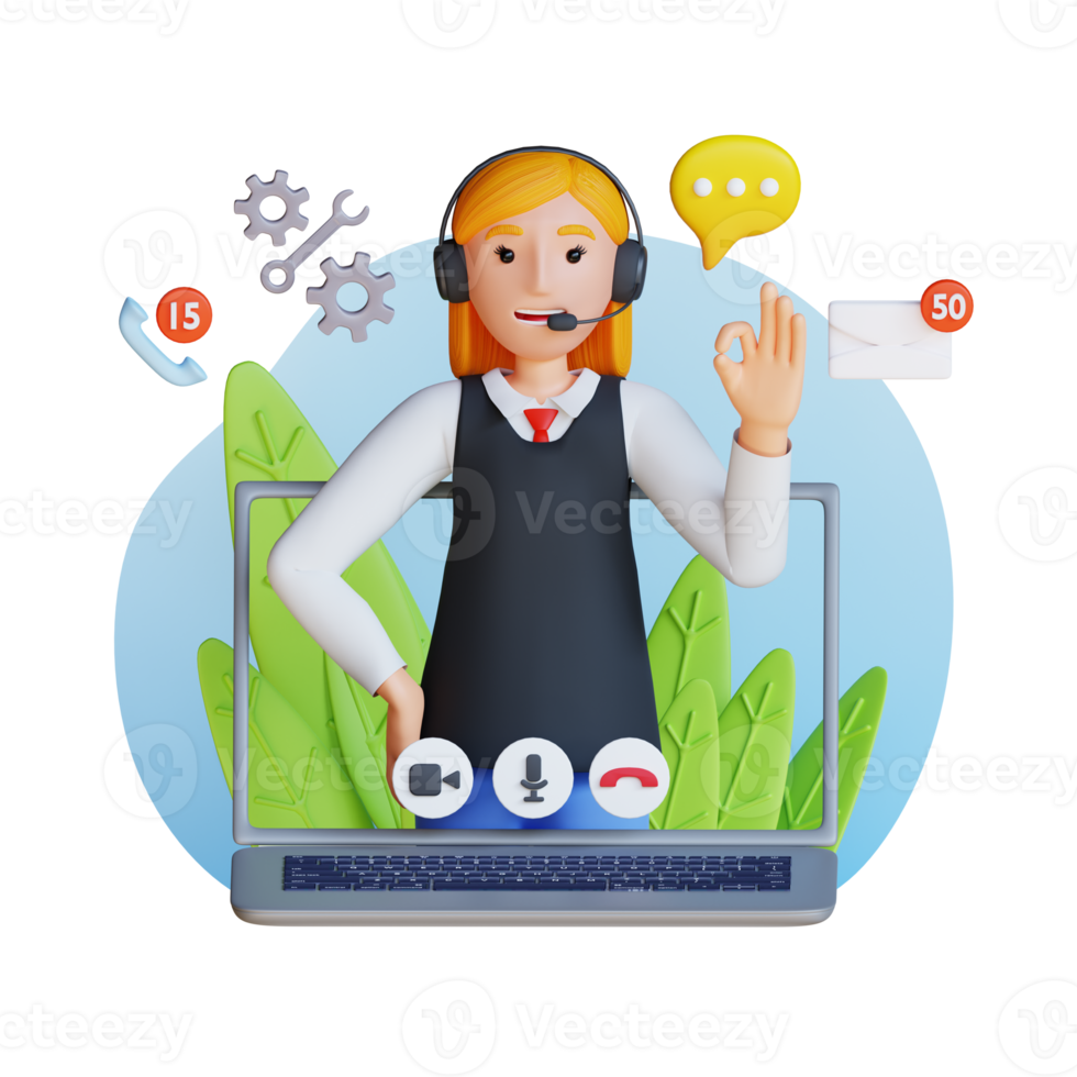 agente de servicio al cliente con auriculares hablando a través de una videollamada usando una ilustración de personaje 3d de una computadora portátil png