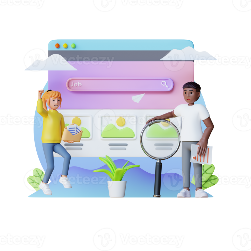 man och kvinna bläddring arbete möjligheter uppkopplad använder sig av jobb Sök dator app, 3d karaktär illustration png