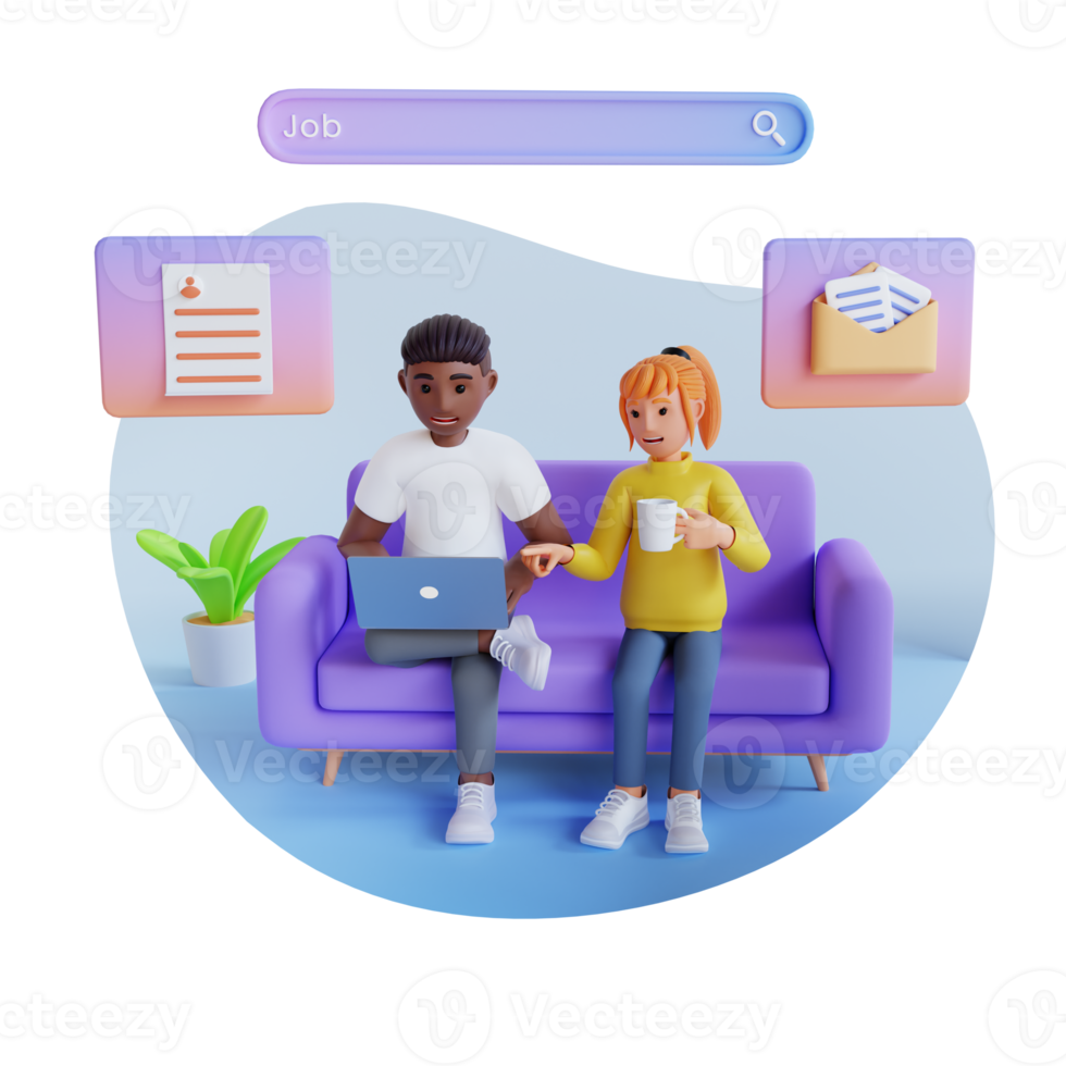 man and woman using laptop and looking for job vacancies on internet, 3d character illustration png