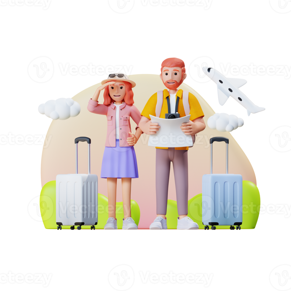 Couple of tourists with suitcase searching location in a paper map, 3d character illustration png