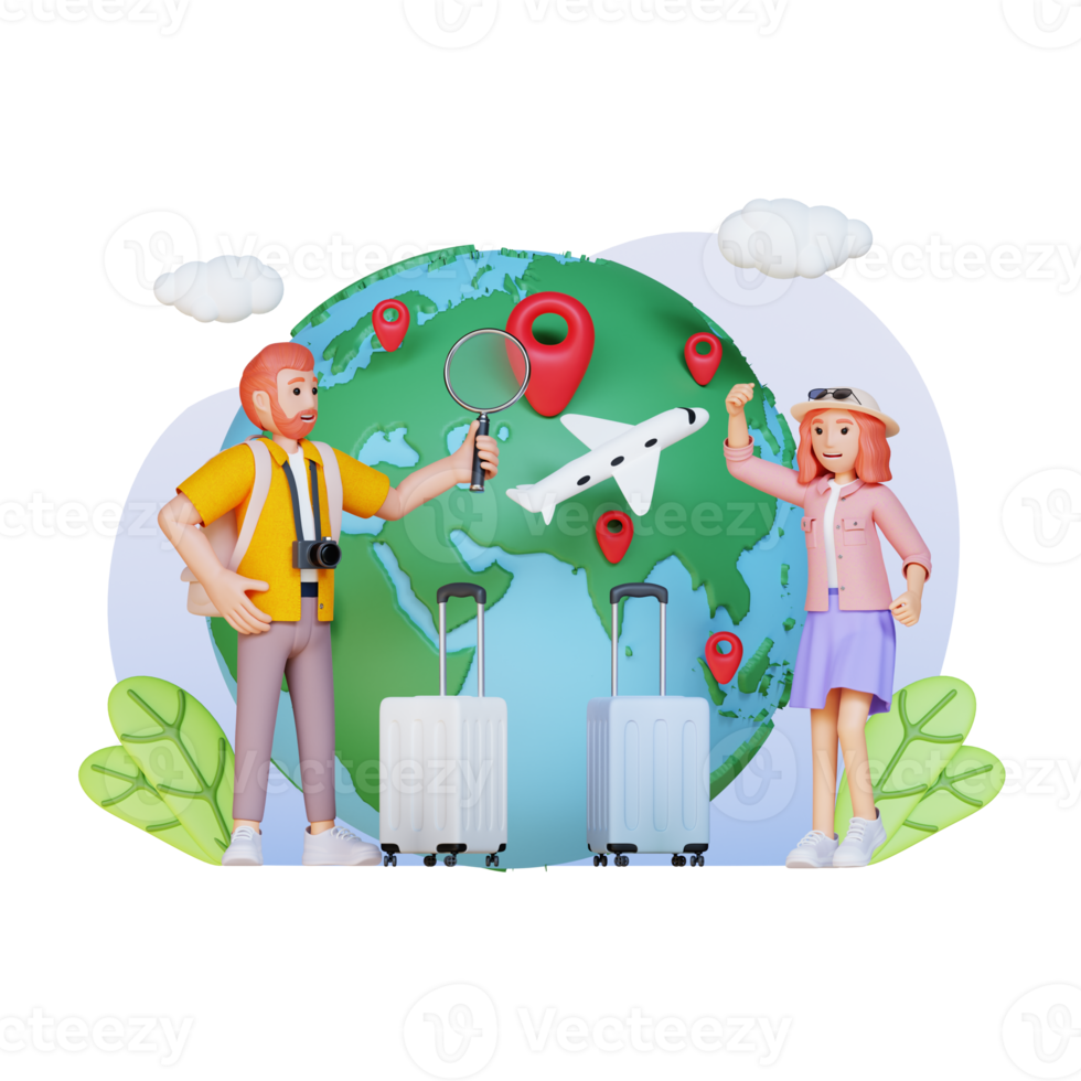 tourist couple with big globe holding magnifying glass looking for navigation map, 3d character illustration png