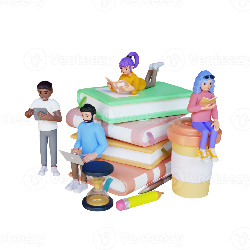 men and women sitting on stack of big books and reading, 3d character illustration png