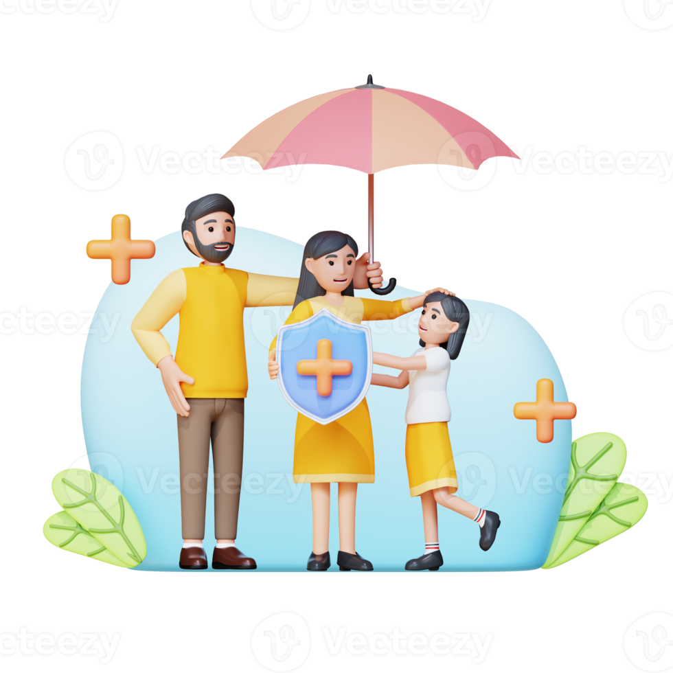 happy family with umbrella and insurance shield 3d character illustration png