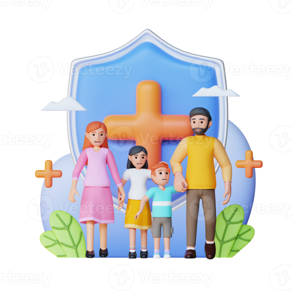 família feliz e ilustração de personagem 3d de escudo de proteção png