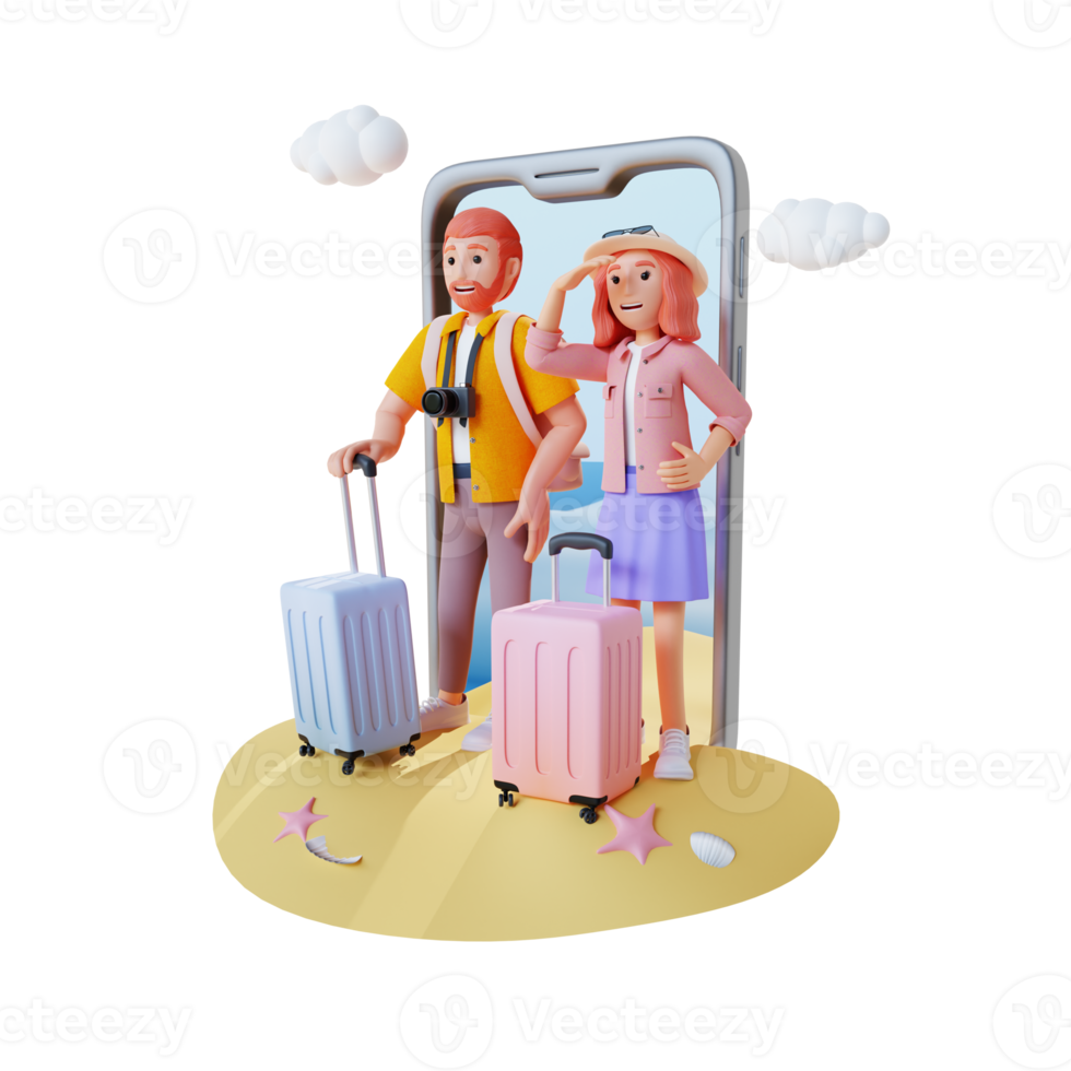 young couple going on vacation, 3d character illustration png