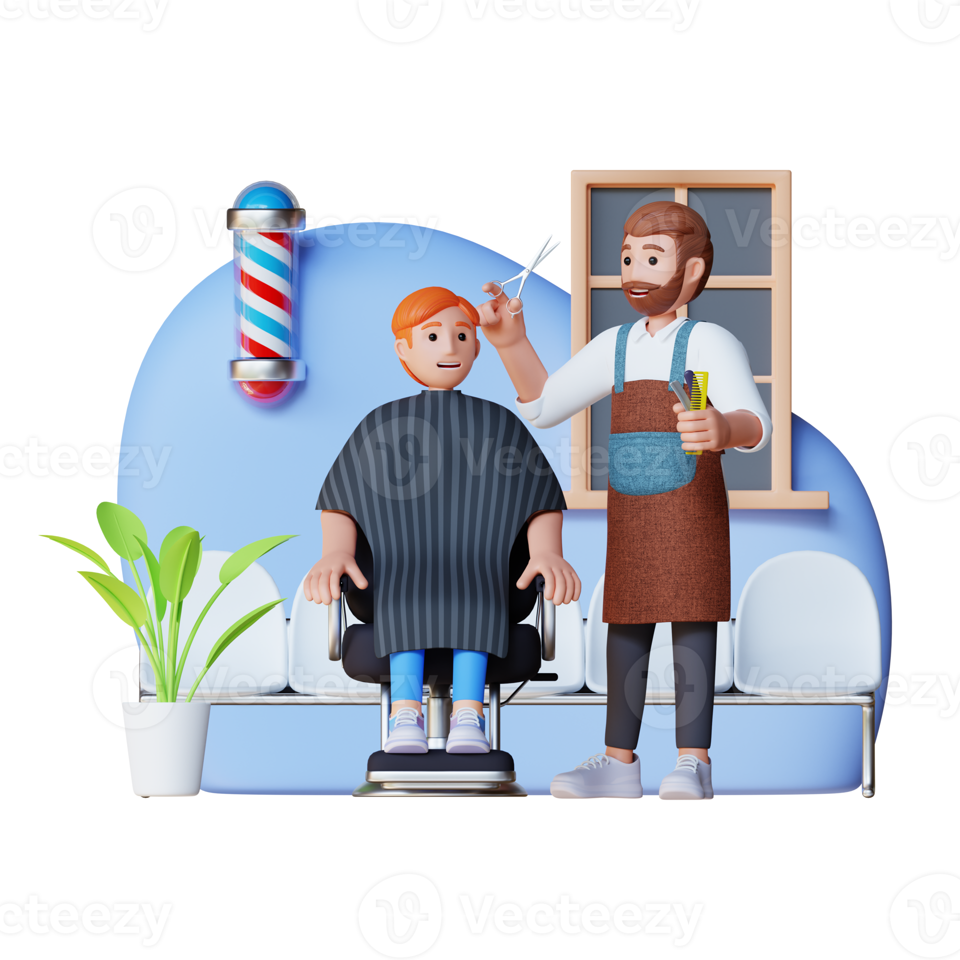 barber shop cut customer hair and talk to each other, 3d character